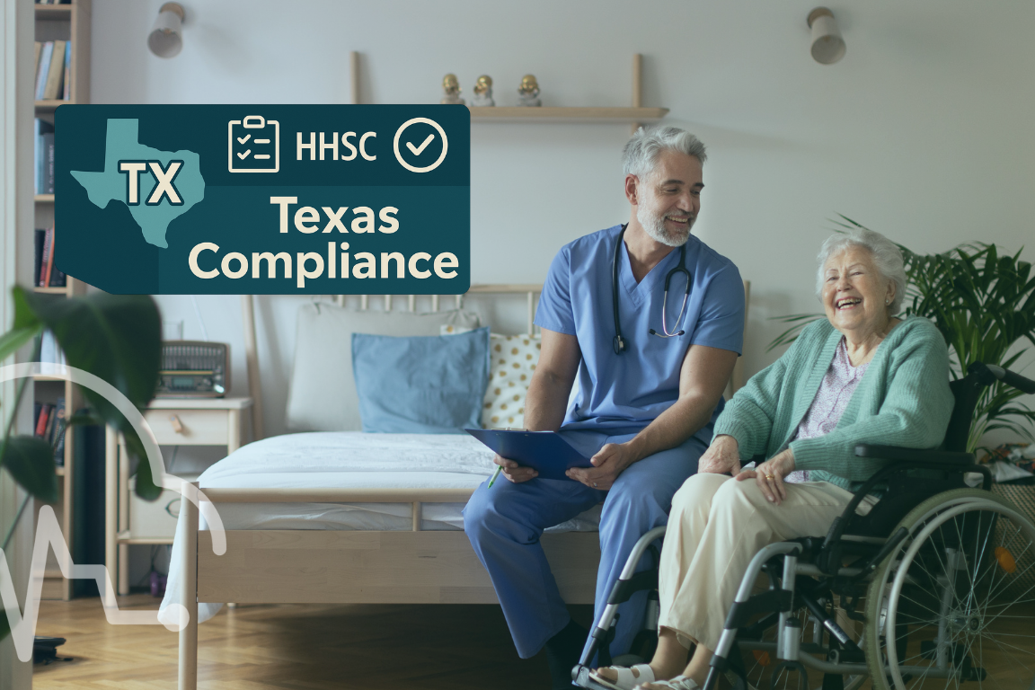 Nurse sitting beside an elderly woman in a wheelchair, both smiling, with a Texas Compliance badge displayed in the room.