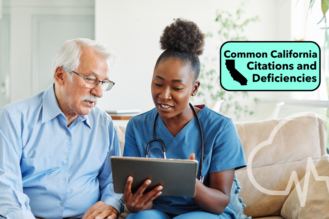 Nurse using a tablet to review compliance records with an older adult for Synkwise blog about common California care facility citations and deficiencies.