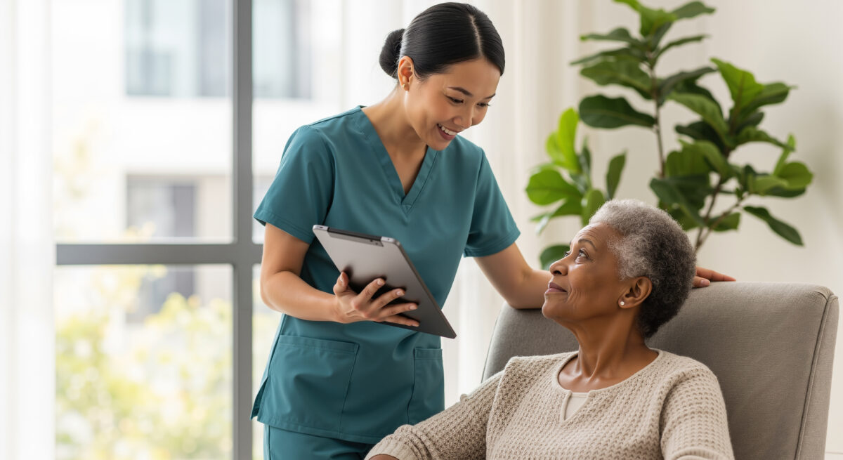 Caregiver using digital tablet with assisted living resident for care documentation